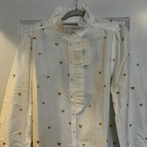 Sezane Chlo Shirt, NWT, White with Gold Hearts, Size 14